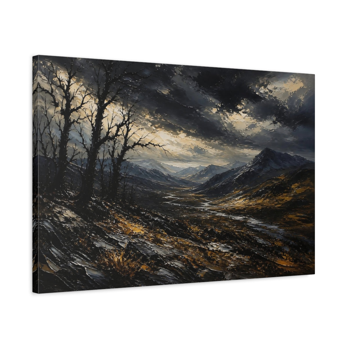 Side Mockup 2. Expressive Impasto Landscape Painting Black Trees Near Storm Valley In Dark Twilight shown as stretched canvas wall art