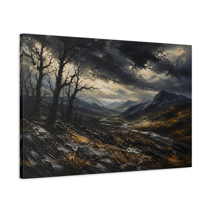 Side Mockup 2. Expressive Impasto Landscape Painting Black Trees Near Storm Valley In Dark Twilight shown as stretched canvas wall art