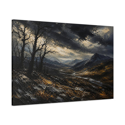 Main Mockup. Expressive Impasto Landscape Painting Black Trees Near Storm Valley In Dark Twilight shown as stretched canvas wall art