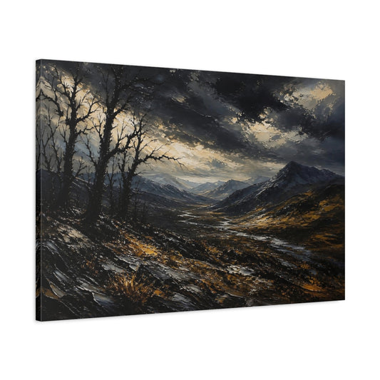 Main Mockup. Expressive Impasto Landscape Painting Black Trees Near Storm Valley In Dark Twilight shown as stretched canvas wall art
