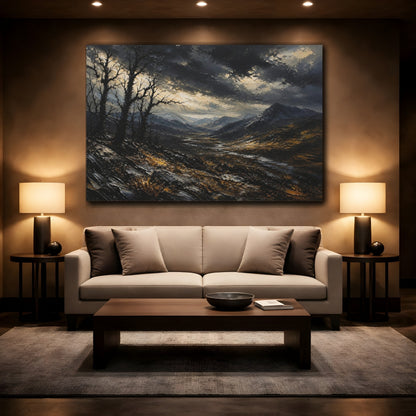 Mockup 2. Expressive Impasto Landscape Painting Black Trees Near Storm Valley In Dark Twilight shown as stretched canvas wall art