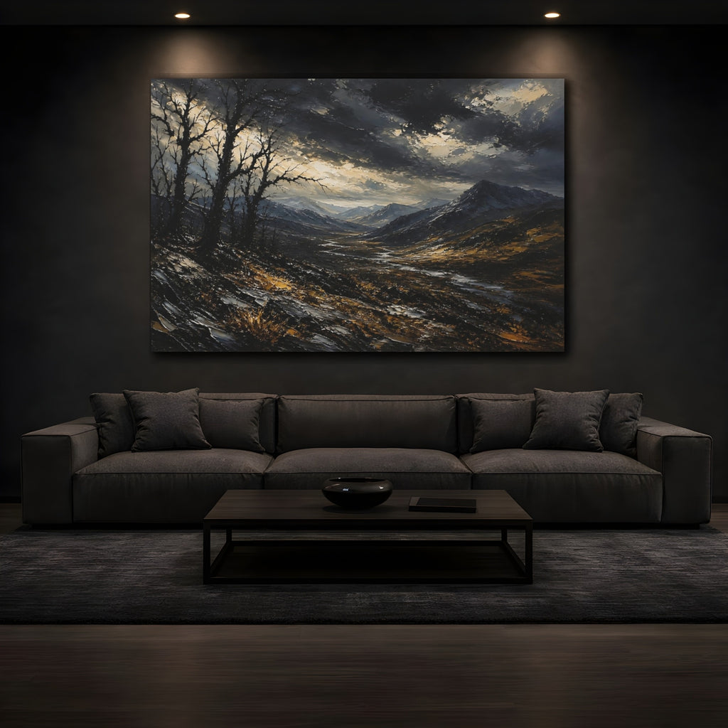 Mockup 3. Expressive Impasto Landscape Painting Black Trees Near Storm Valley In Dark Twilight shown as stretched canvas wall art
