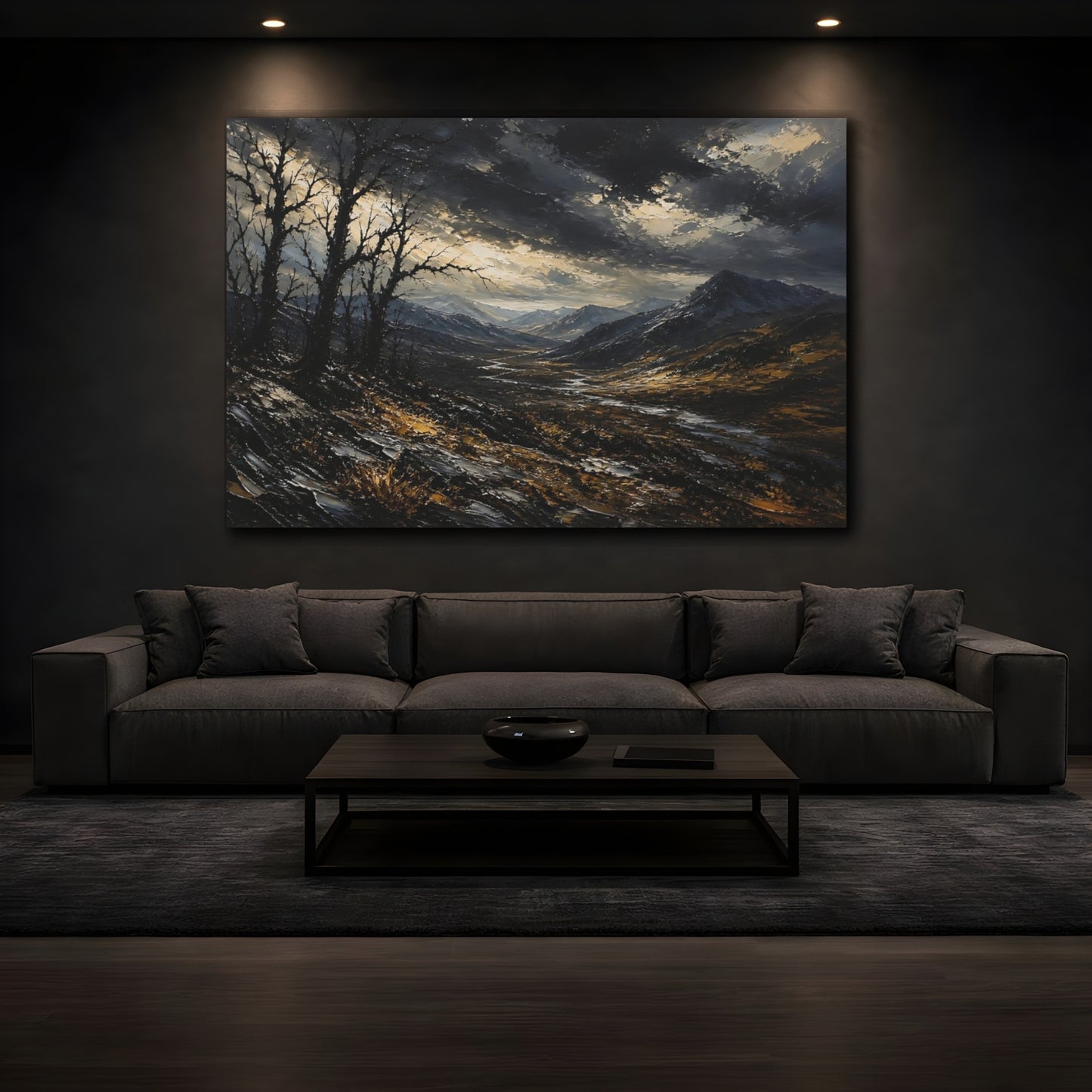 Mockup 3. Expressive Impasto Landscape Painting Black Trees Near Storm Valley In Dark Twilight shown as stretched canvas wall art