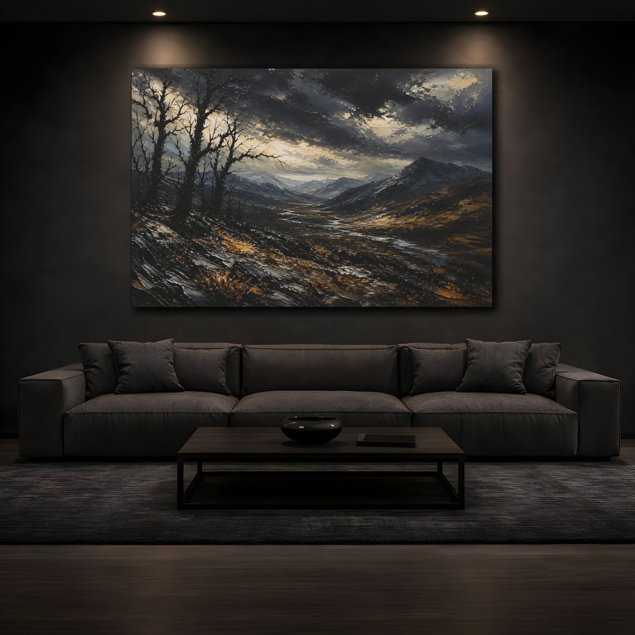 Mockup 3. Expressive Impasto Landscape Painting Black Trees Near Storm Valley In Dark Twilight shown as stretched canvas wall art