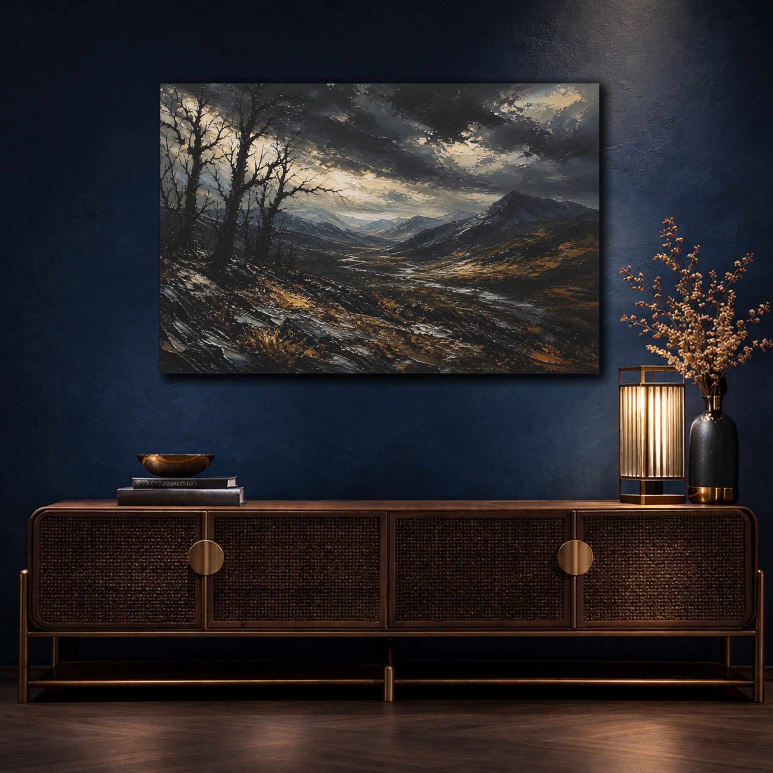 Mockup 4. Expressive Impasto Landscape Painting Black Trees Near Storm Valley In Dark Twilight shown as stretched canvas wall art