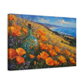 Side Mockup 4. Expressive Impasto Painting California Poppies Beside Golden Hillside With Glass Bottle shown as stretched canvas wall art