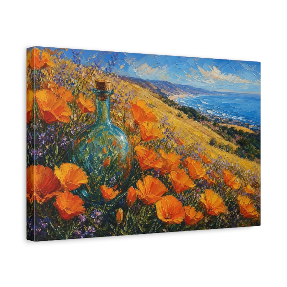 Side Mockup 4. Expressive Impasto Painting California Poppies Beside Golden Hillside With Glass Bottle shown as stretched canvas wall art
