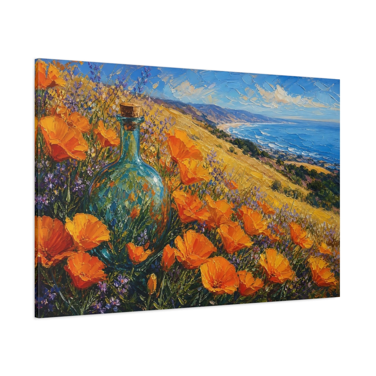 Side Mockup 1. Expressive Impasto Painting California Poppies Beside Golden Hillside With Glass Bottle shown as stretched canvas wall art
