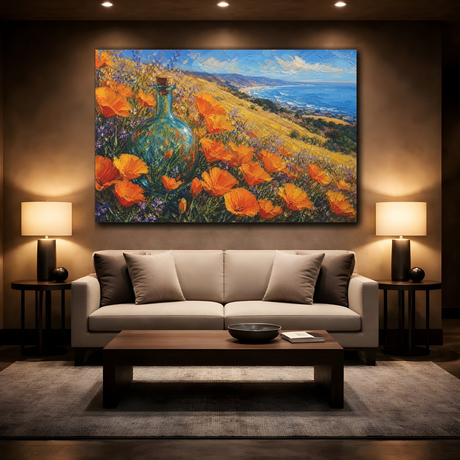 Mockup 2. Expressive Impasto Painting California Poppies Beside Golden Hillside With Glass Bottle shown as stretched canvas wall art