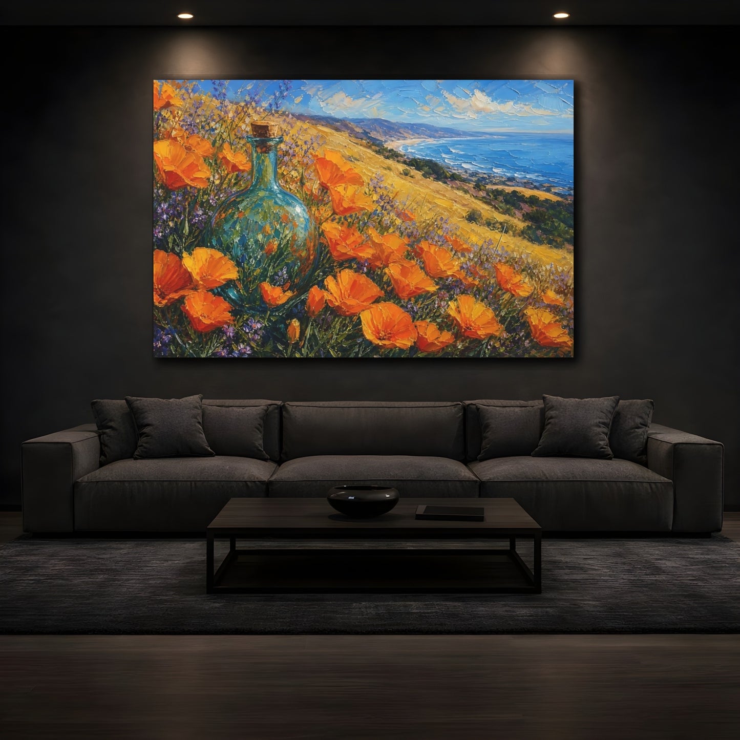 Mockup 3. Expressive Impasto Painting California Poppies Beside Golden Hillside With Glass Bottle shown as stretched canvas wall art