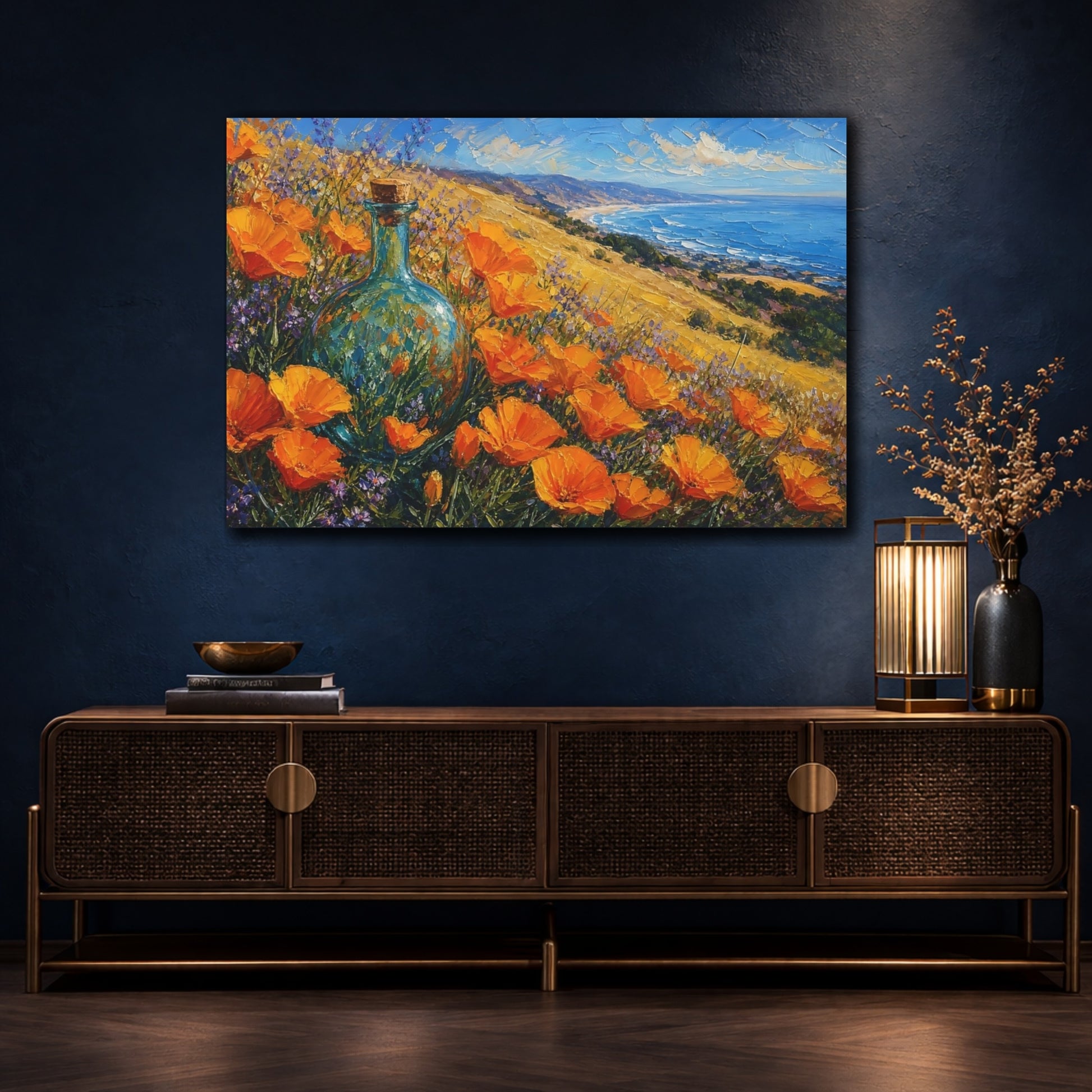 Mockup 4. Expressive Impasto Painting California Poppies Beside Golden Hillside With Glass Bottle shown as stretched canvas wall art
