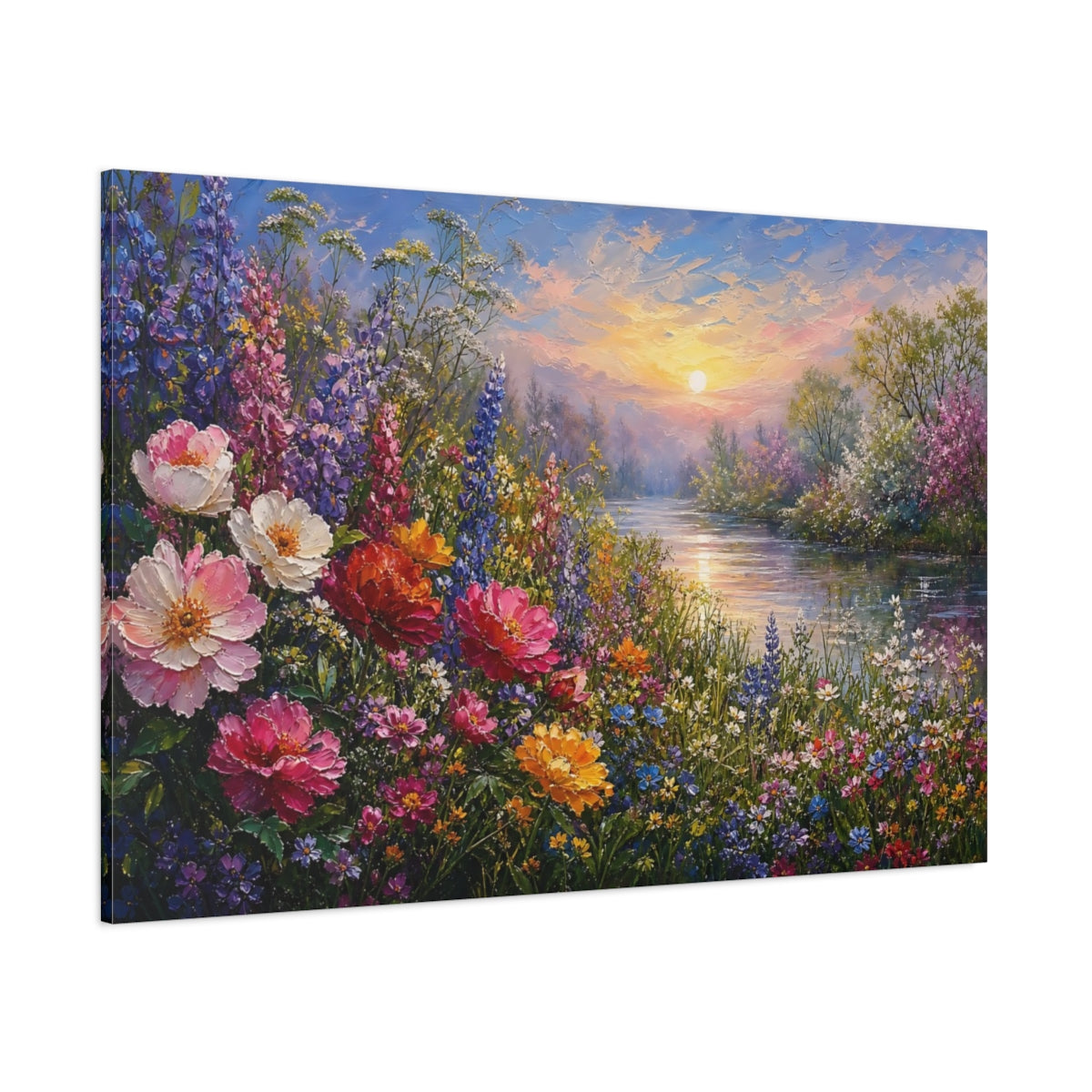 Side Mockup 1. Expressive Impasto Painting Cosmos Along Riverside Grass During Spring Mist shown as stretched canvas wall art