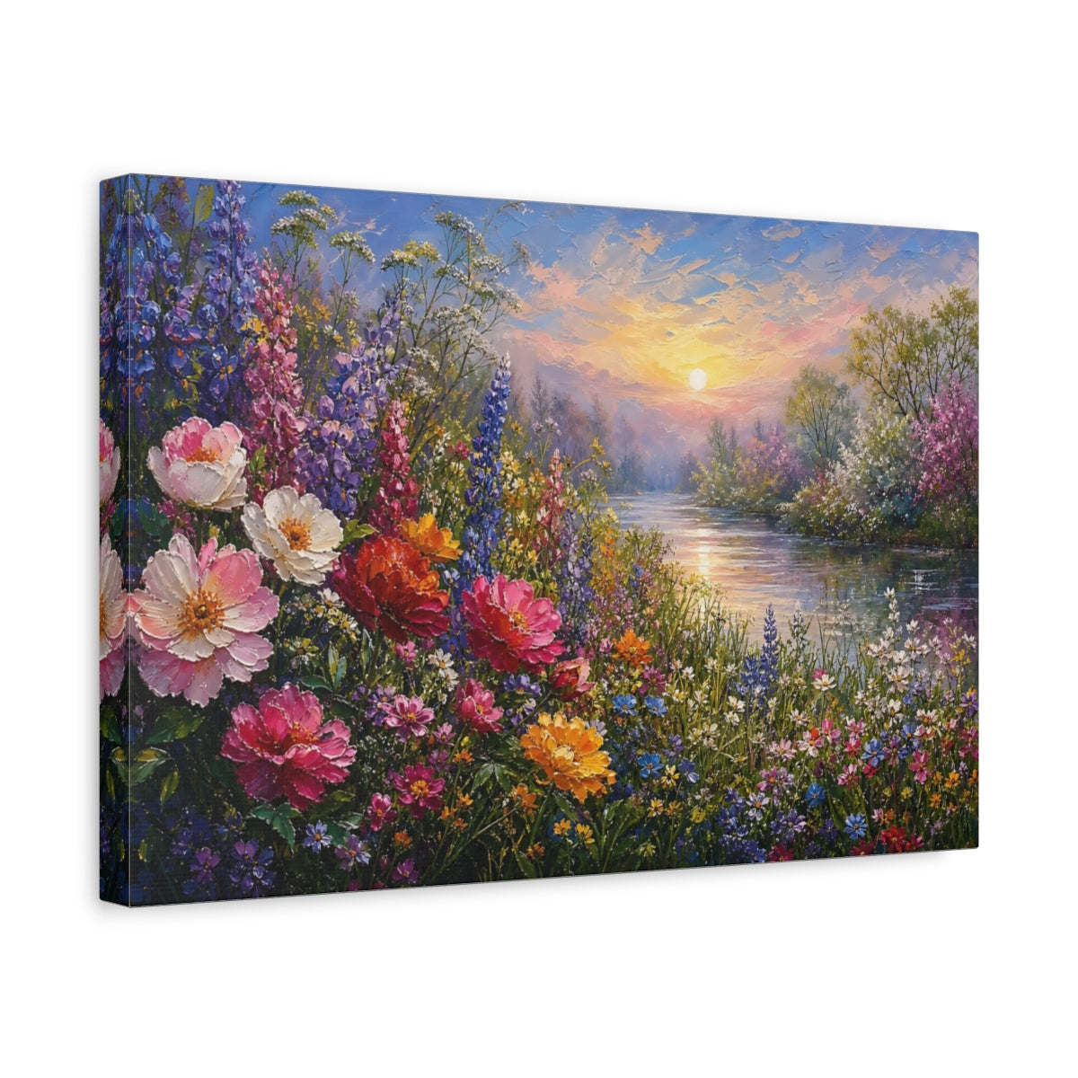 Side Mockup 4. Expressive Impasto Painting Cosmos Along Riverside Grass During Spring Mist shown as stretched canvas wall art