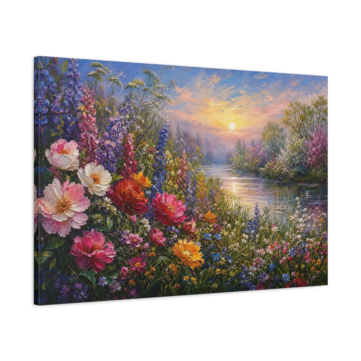 Main Mockup. Expressive Impasto Painting Cosmos Along Riverside Grass During Spring Mist shown as stretched canvas wall art