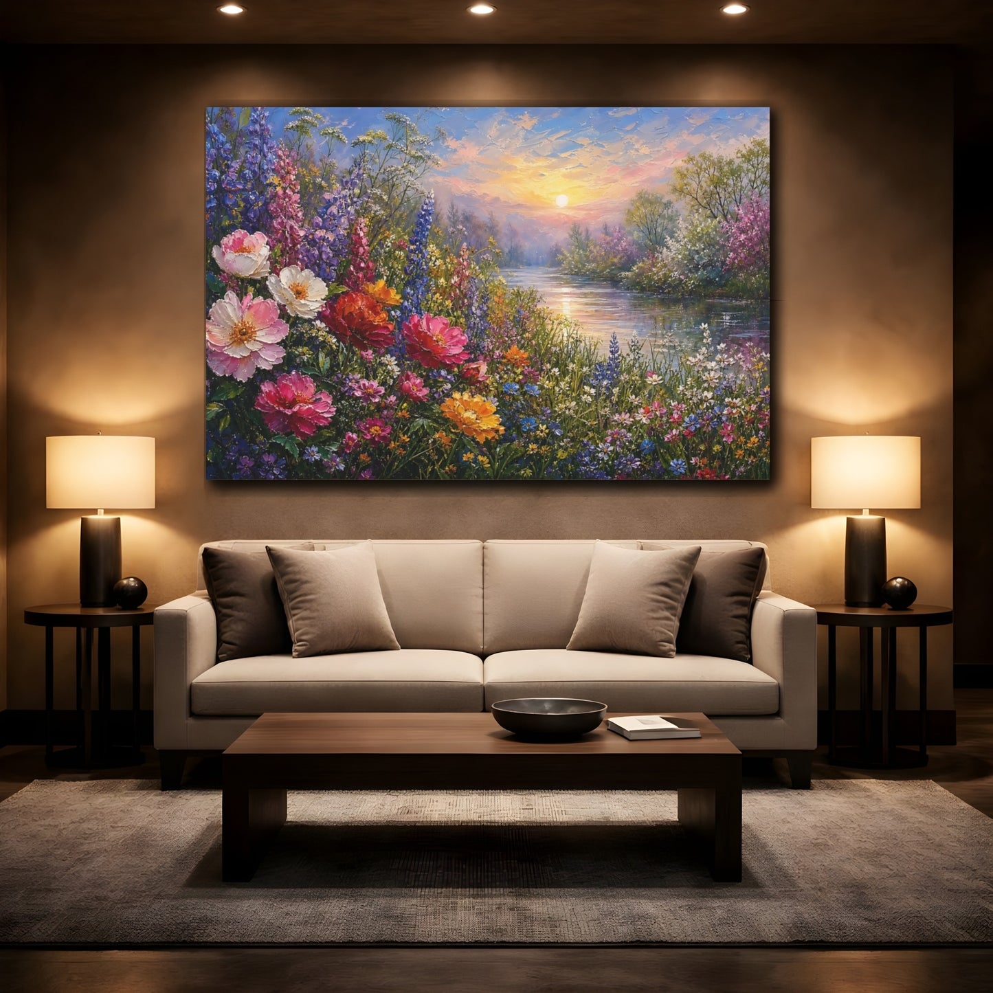 Mockup 2. Expressive Impasto Painting Cosmos Along Riverside Grass During Spring Mist shown as stretched canvas wall art