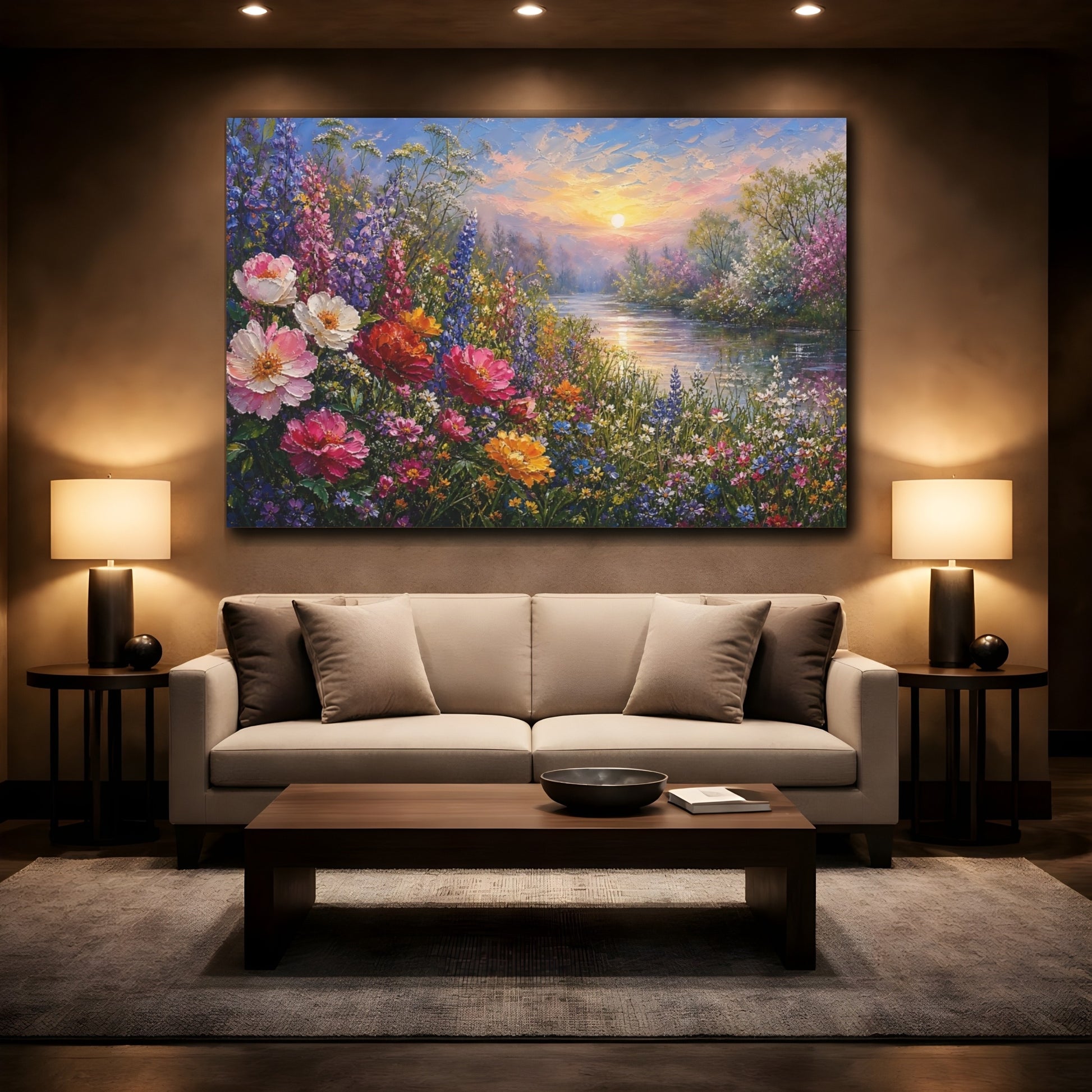Mockup 2. Expressive Impasto Painting Cosmos Along Riverside Grass During Spring Mist shown as stretched canvas wall art