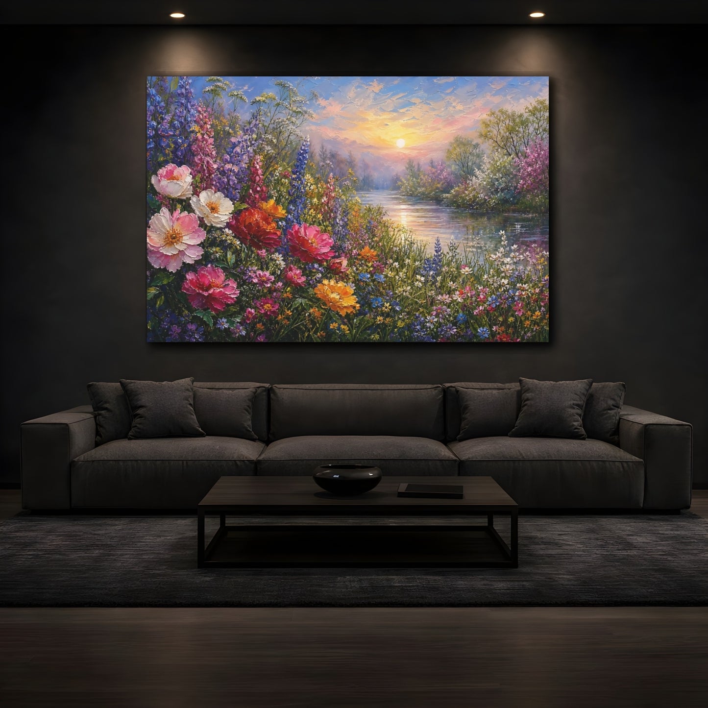 Mockup 3. Expressive Impasto Painting Cosmos Along Riverside Grass During Spring Mist shown as stretched canvas wall art