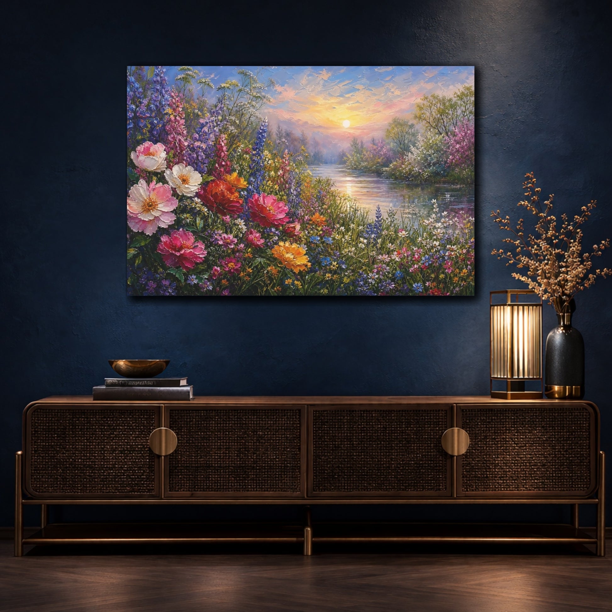 Mockup 4. Expressive Impasto Painting Cosmos Along Riverside Grass During Spring Mist shown as stretched canvas wall art