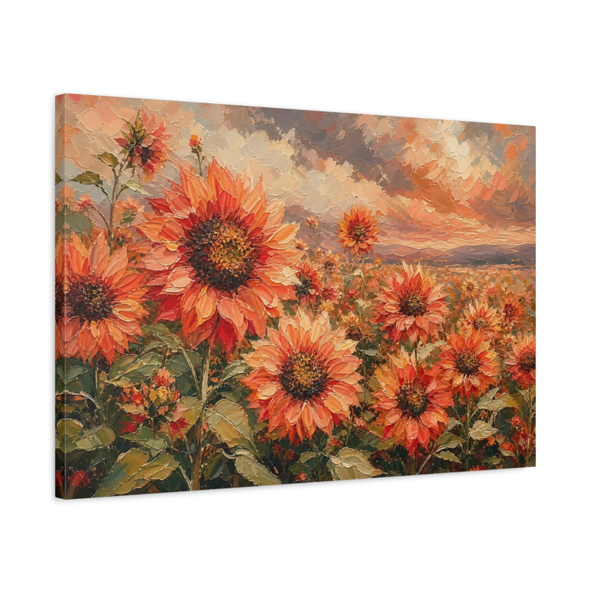 Side Mockup 2. Expressive Impasto Painting Field Of Coral Sunflowers Under Cloudy Sky shown as stretched canvas wall art
