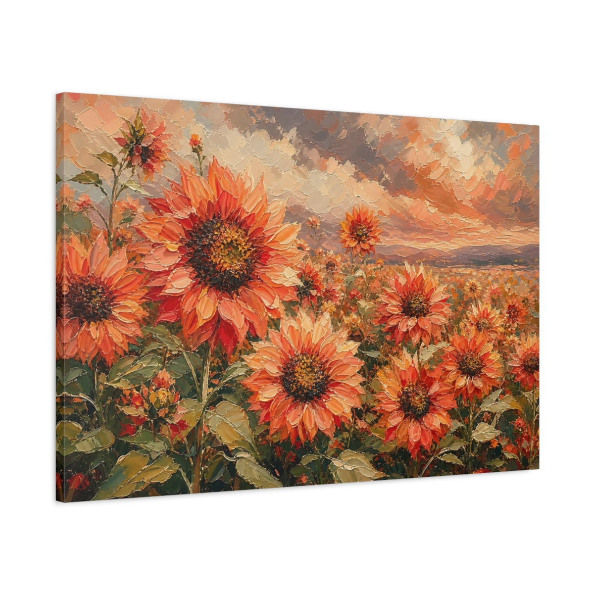 Main Mockup. Expressive Impasto Painting Field Of Coral Sunflowers Under Cloudy Sky shown as stretched canvas wall art