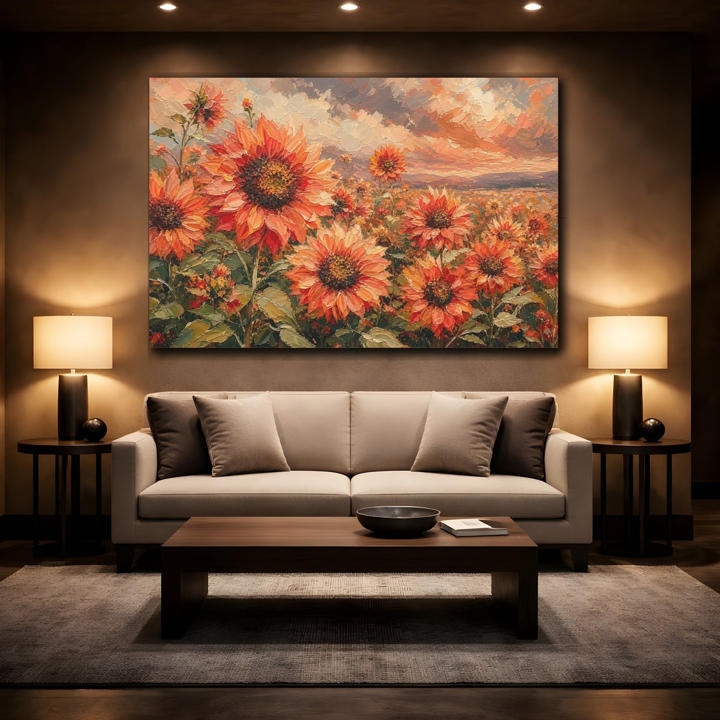 Mockup 2. Expressive Impasto Painting Field Of Coral Sunflowers Under Cloudy Sky shown as stretched canvas wall art