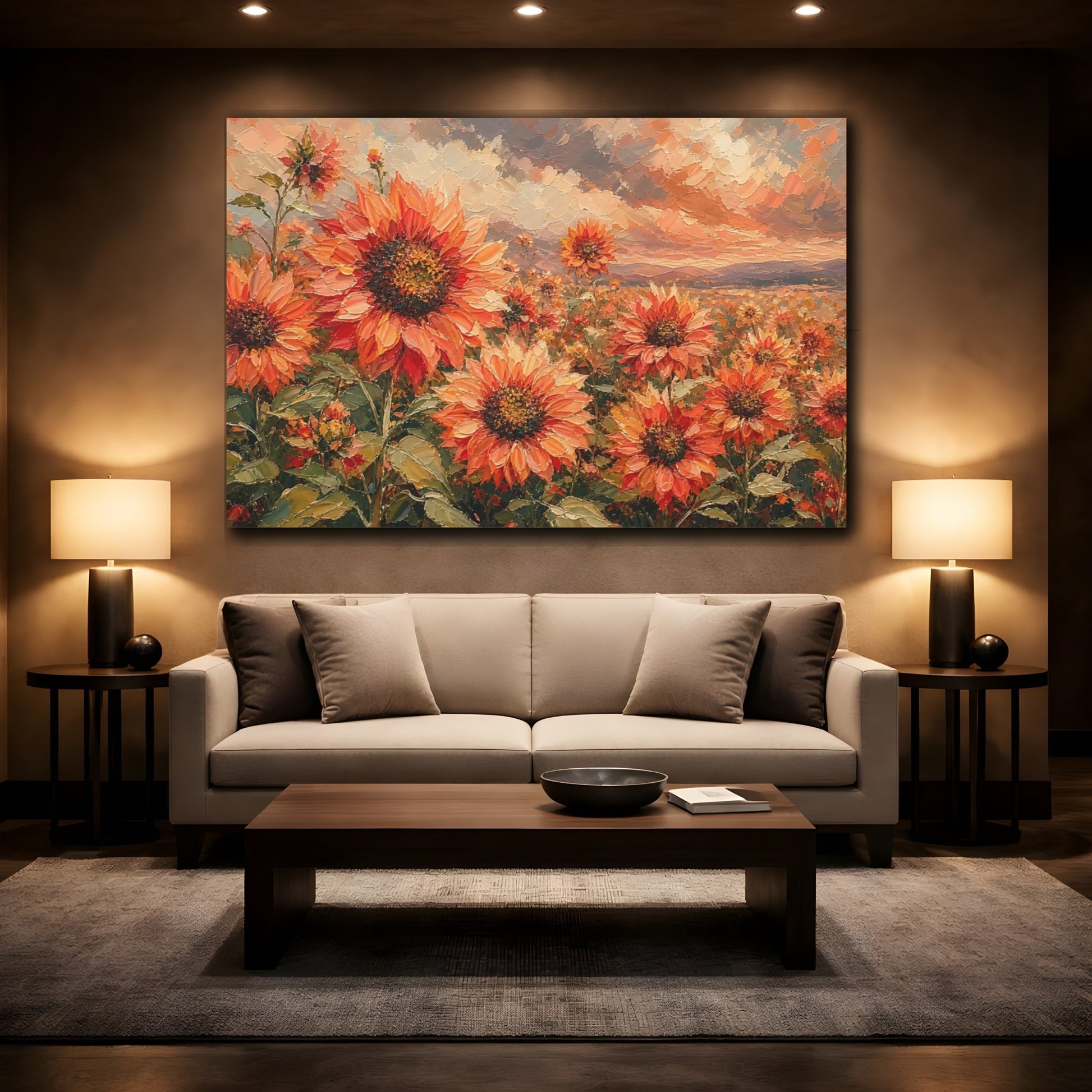 Mockup 2. Expressive Impasto Painting Field Of Coral Sunflowers Under Cloudy Sky shown as stretched canvas wall art