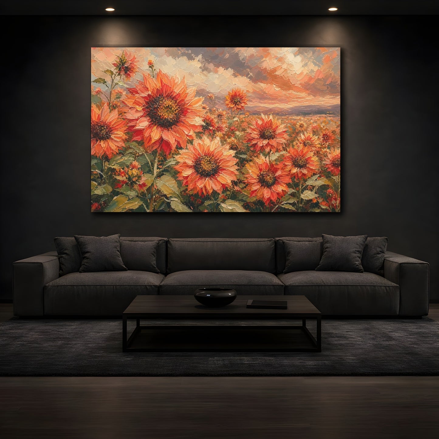 Mockup 3. Expressive Impasto Painting Field Of Coral Sunflowers Under Cloudy Sky shown as stretched canvas wall art
