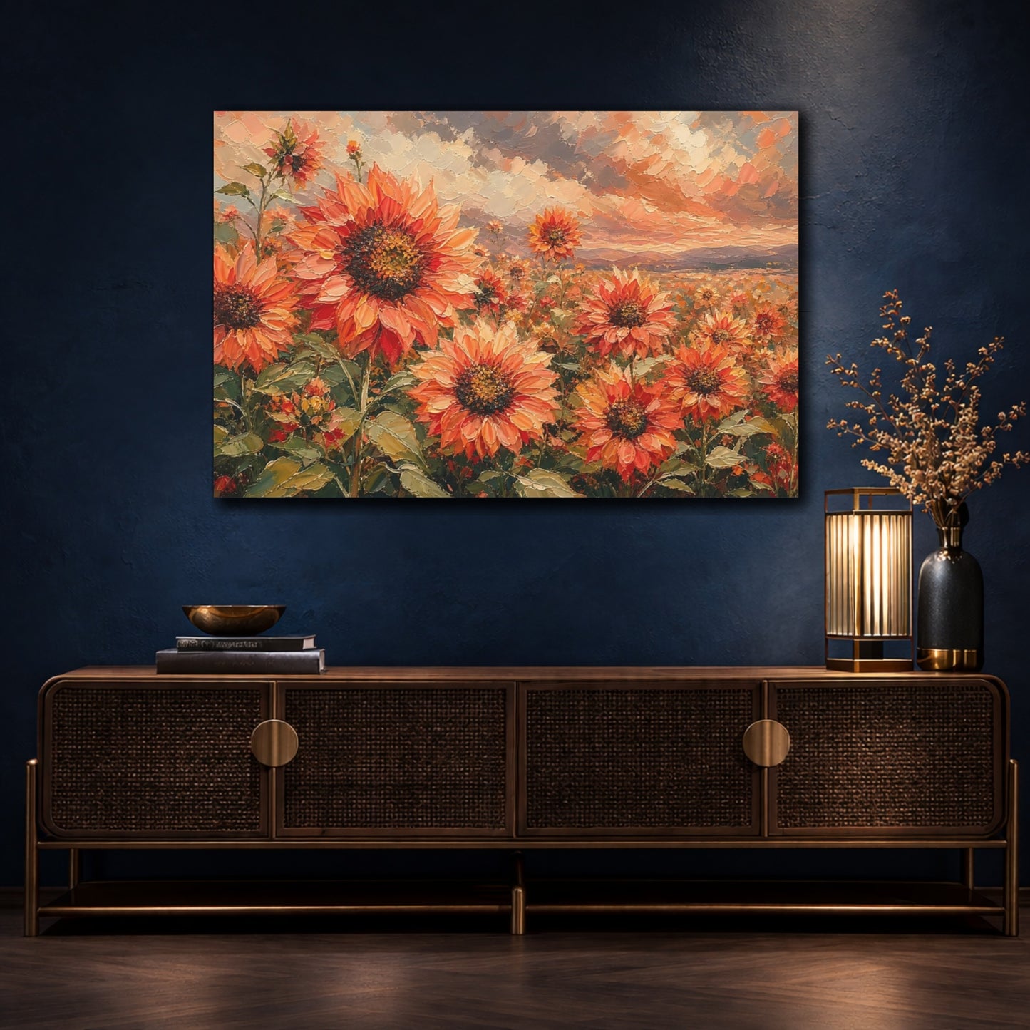 Mockup 4. Expressive Impasto Painting Field Of Coral Sunflowers Under Cloudy Sky shown as stretched canvas wall art