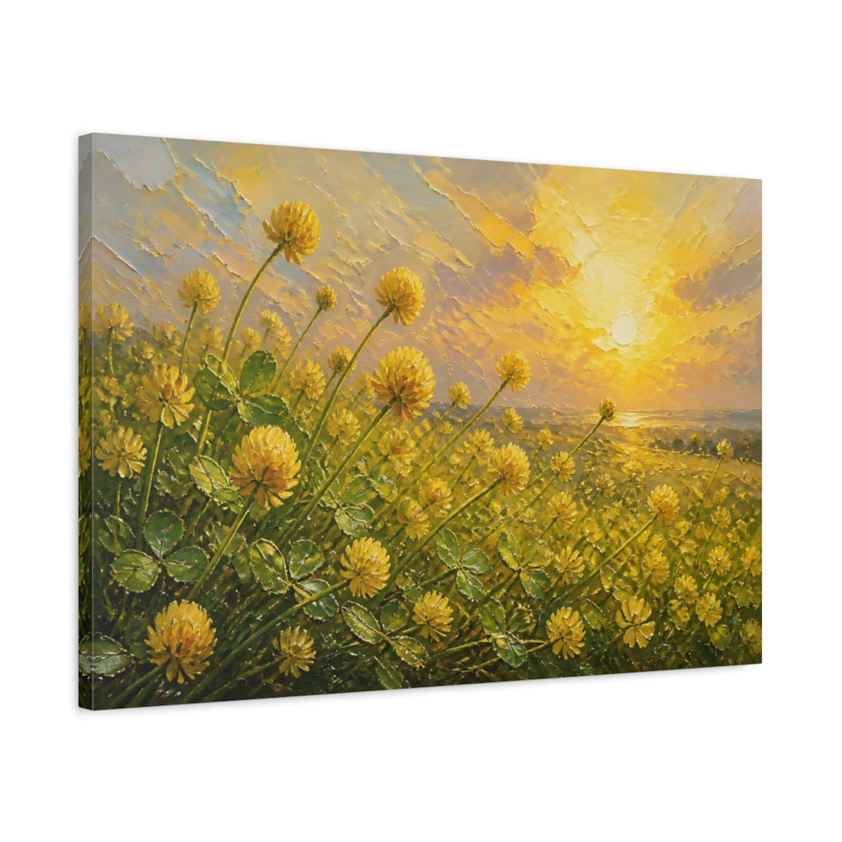 Side Mockup 2. Expressive Impasto Painting Field Of Golden Clover Blossoms Under Warm Sunlight shown as stretched canvas wall art