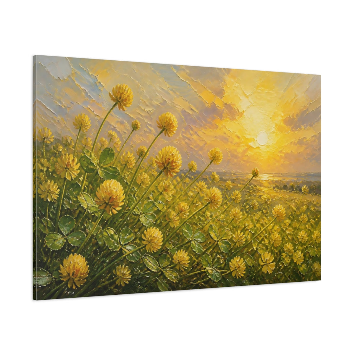 Side Mockup 1. Expressive Impasto Painting Field Of Golden Clover Blossoms Under Warm Sunlight shown as stretched canvas wall art