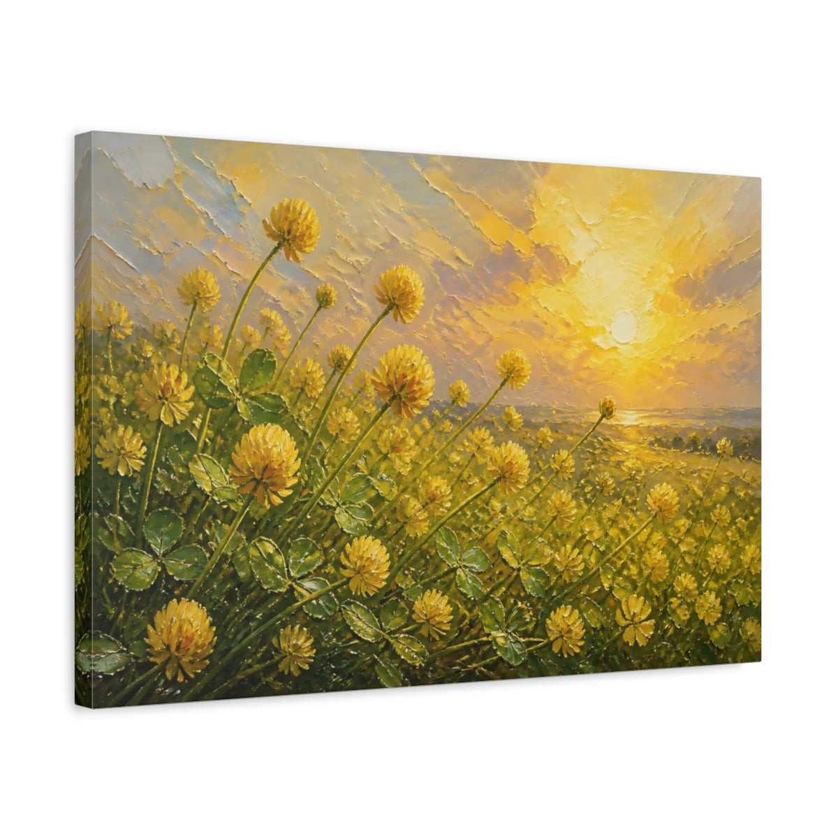 Side Mockup 3. Expressive Impasto Painting Field Of Golden Clover Blossoms Under Warm Sunlight shown as stretched canvas wall art