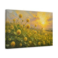 Side Mockup 4. Expressive Impasto Painting Field Of Golden Clover Blossoms Under Warm Sunlight shown as stretched canvas wall art