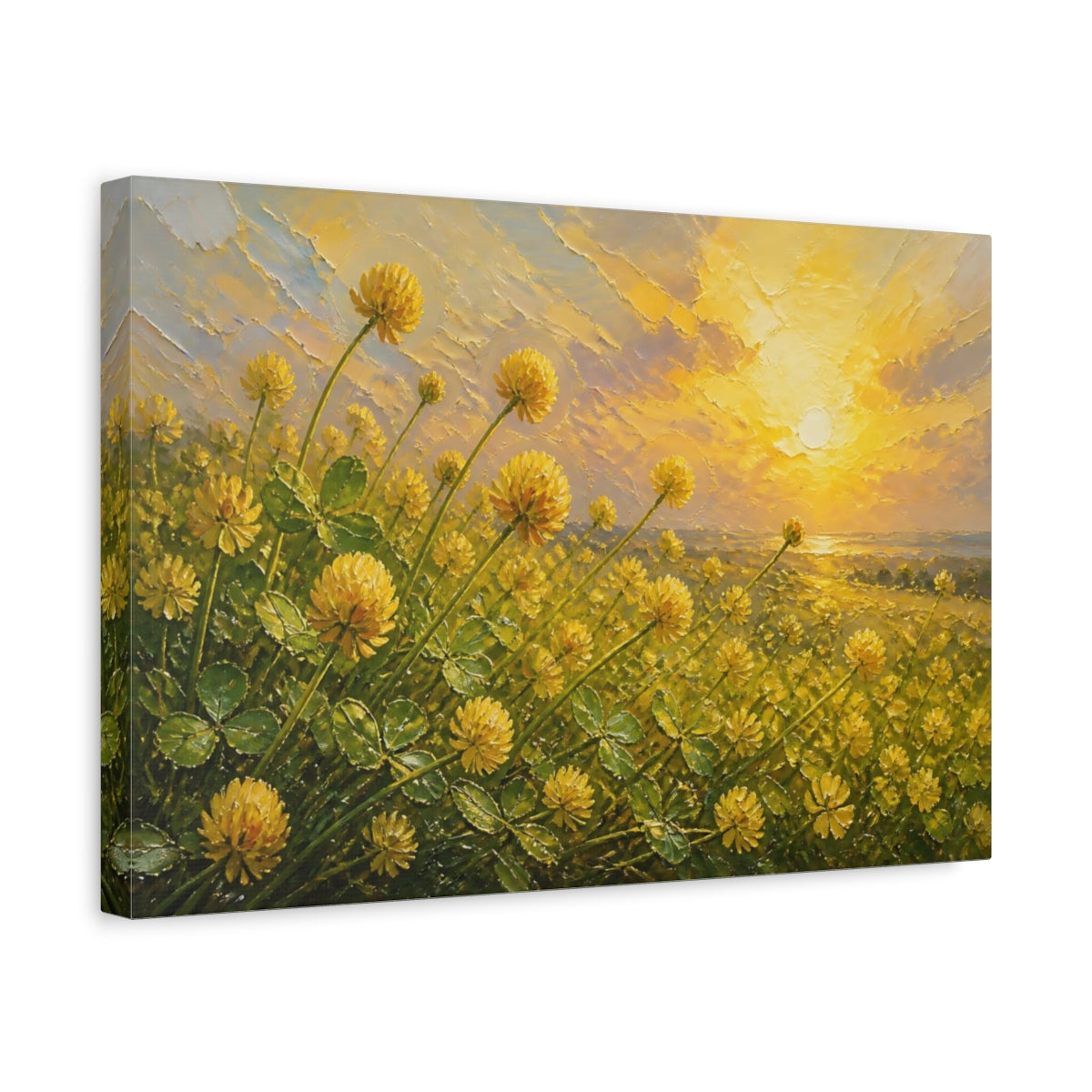 Side Mockup 4. Expressive Impasto Painting Field Of Golden Clover Blossoms Under Warm Sunlight shown as stretched canvas wall art