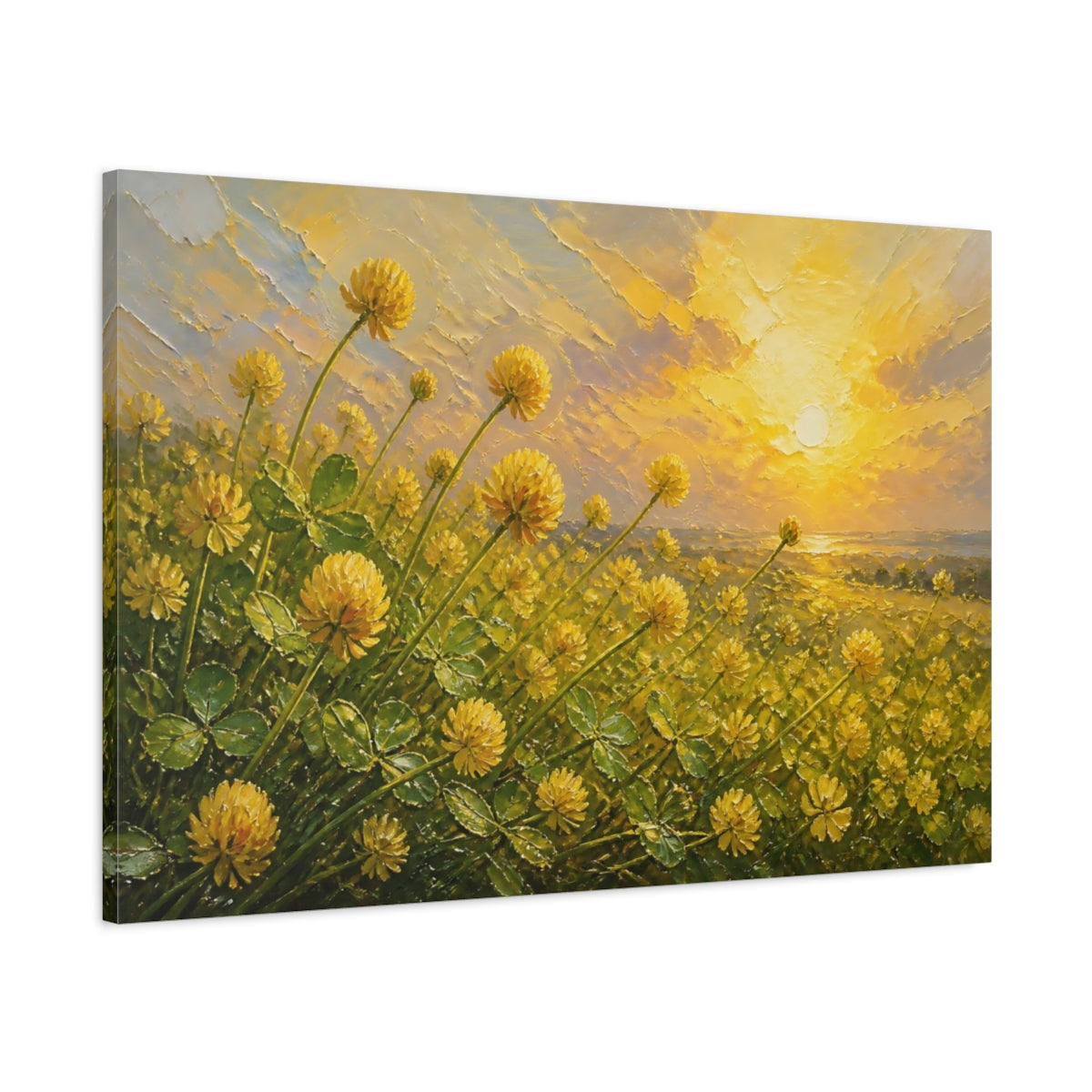 Main Mockup. Expressive Impasto Painting Field Of Golden Clover Blossoms Under Warm Sunlight shown as stretched canvas wall art