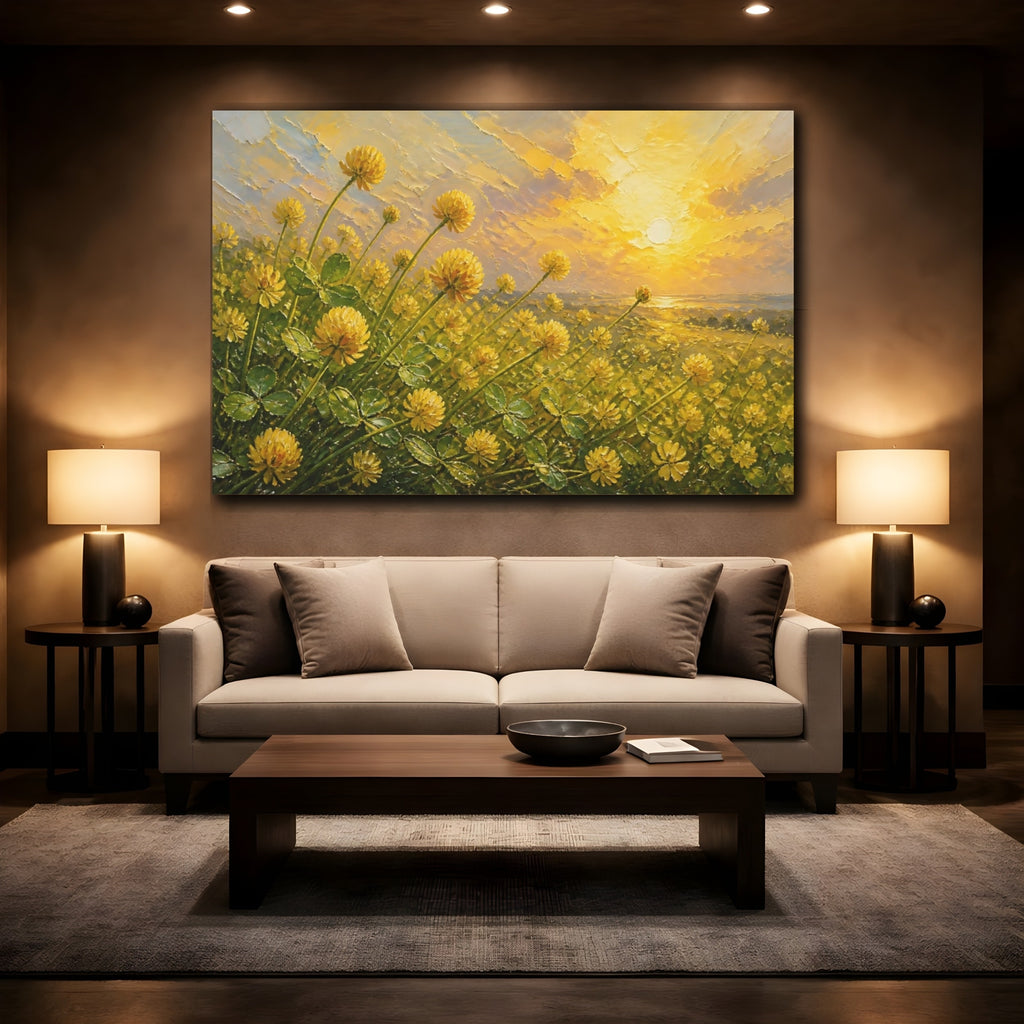 Mockup 2. Expressive Impasto Painting Field Of Golden Clover Blossoms Under Warm Sunlight shown as stretched canvas wall art