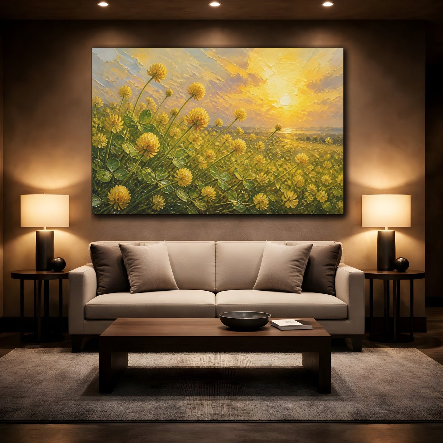 Mockup 2. Expressive Impasto Painting Field Of Golden Clover Blossoms Under Warm Sunlight shown as stretched canvas wall art