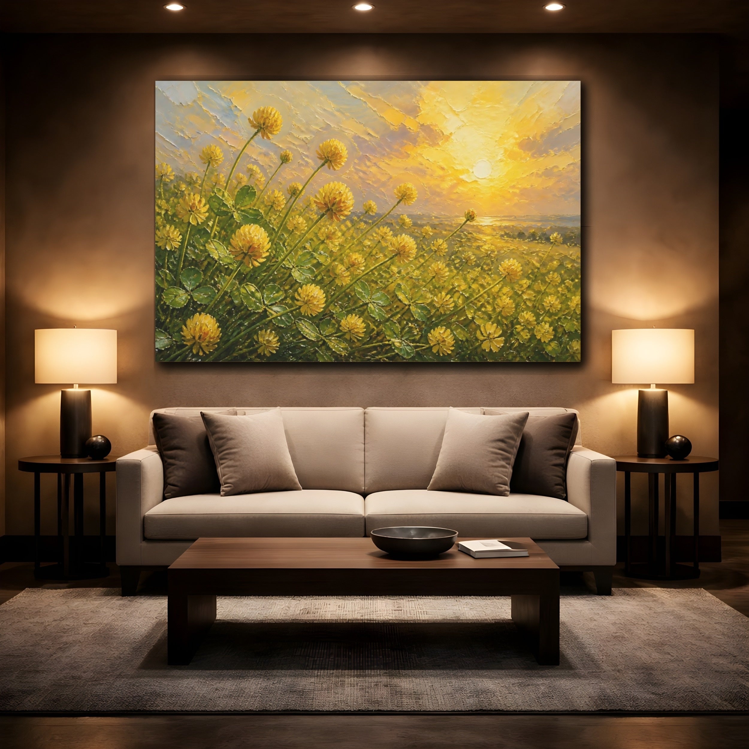 Mockup 2. Expressive Impasto Painting Field Of Golden Clover Blossoms Under Warm Sunlight shown as stretched canvas wall art