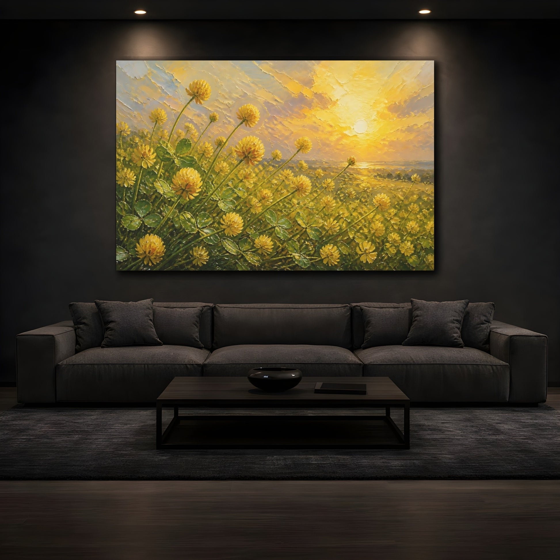 Mockup 3. Expressive Impasto Painting Field Of Golden Clover Blossoms Under Warm Sunlight shown as stretched canvas wall art