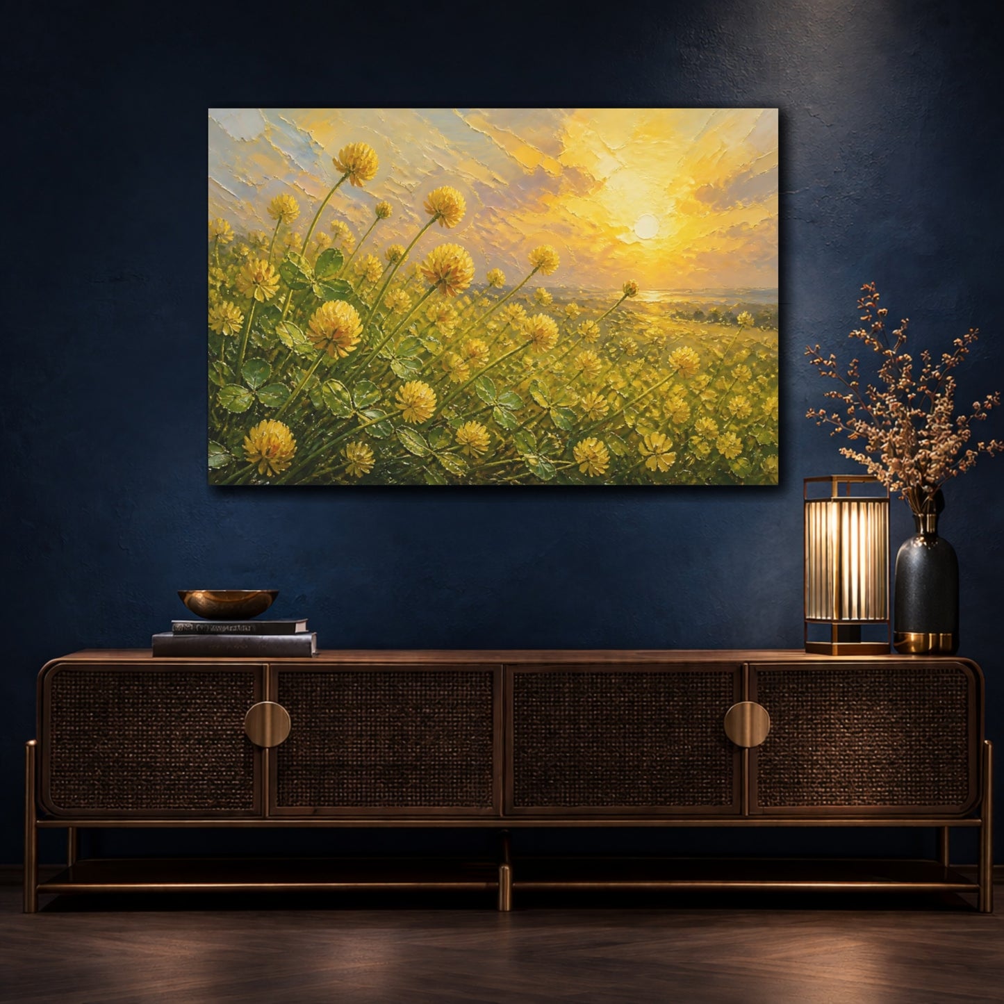Mockup 4. Expressive Impasto Painting Field Of Golden Clover Blossoms Under Warm Sunlight shown as stretched canvas wall art