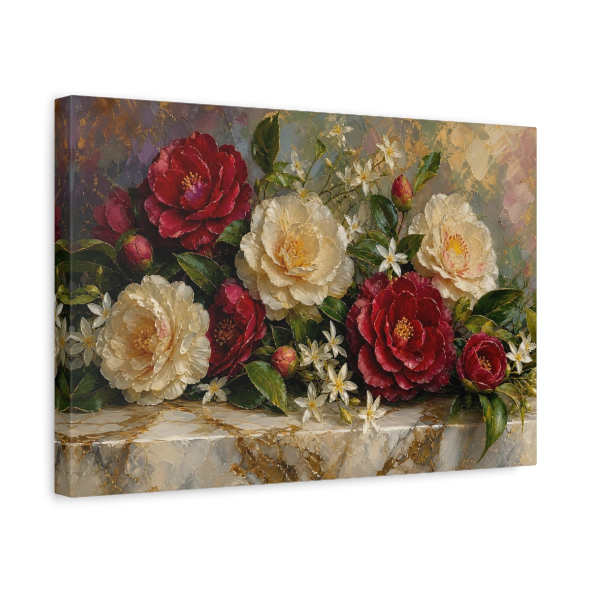 Side Mockup 4. Expressive Impasto Painting Mixed Burgundy And Cream Camellias Jasmine Near Marble Slab shown as stretched canvas wall art