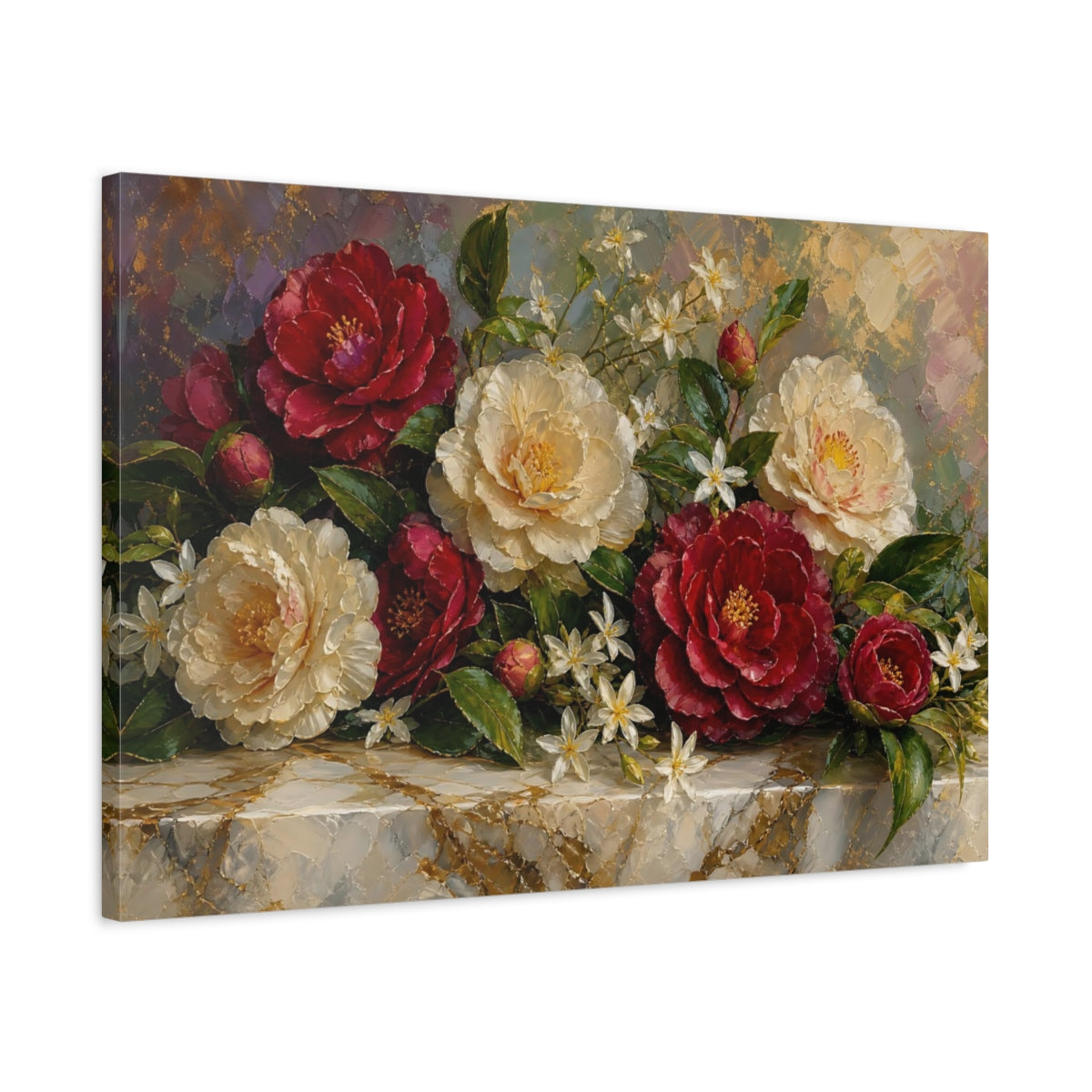 Side Mockup 2. Expressive Impasto Painting Mixed Burgundy And Cream Camellias Jasmine Near Marble Slab shown as stretched canvas wall art