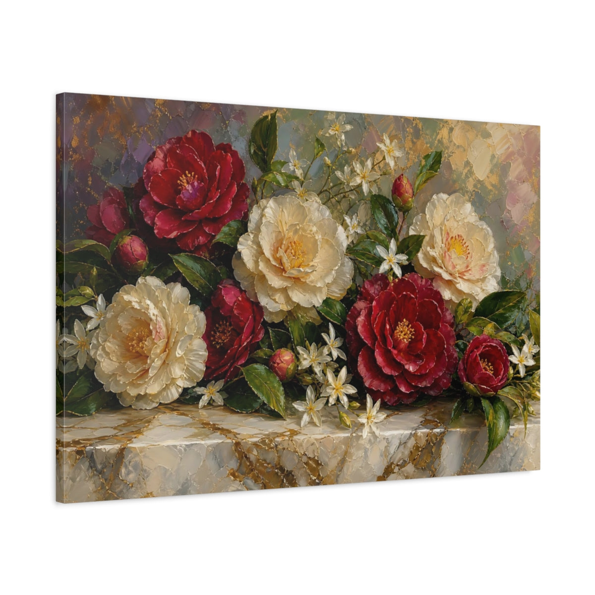 Main Mockup. Expressive Impasto Painting Mixed Burgundy And Cream Camellias Jasmine Near Marble Slab shown as stretched canvas wall art