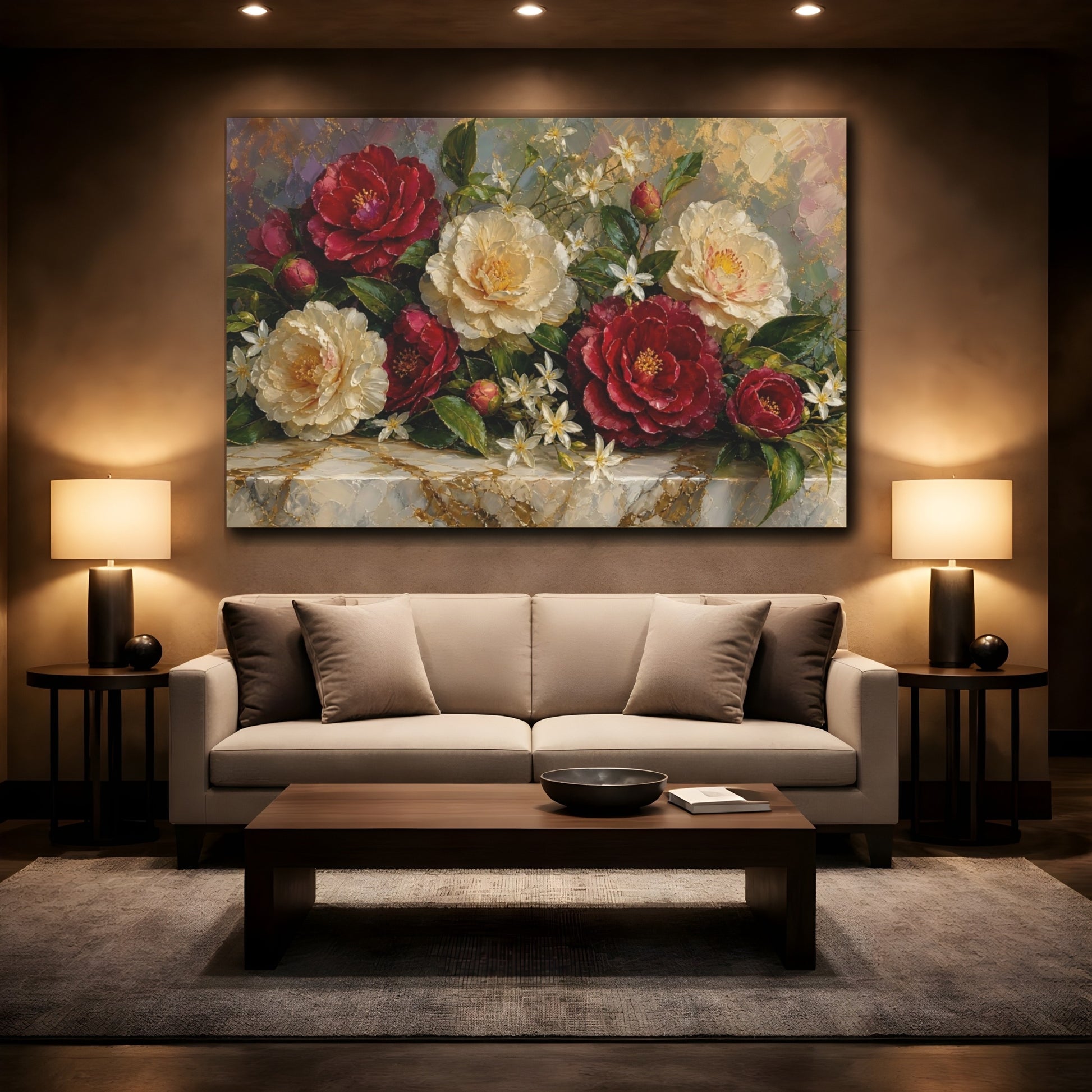 Mockup 2. Expressive Impasto Painting Mixed Burgundy And Cream Camellias Jasmine Near Marble Slab shown as stretched canvas wall art