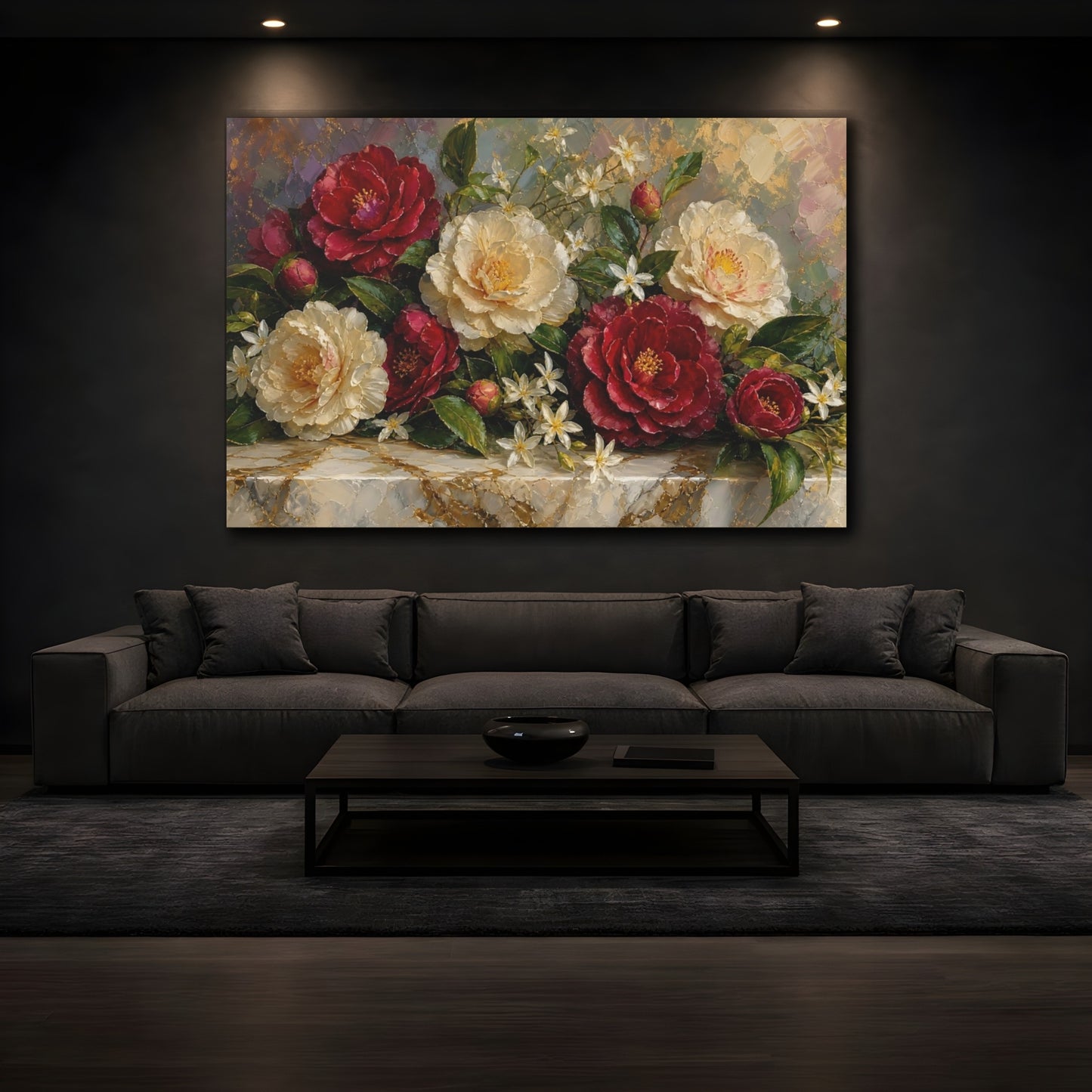 Mockup 3. Expressive Impasto Painting Mixed Burgundy And Cream Camellias Jasmine Near Marble Slab shown as stretched canvas wall art