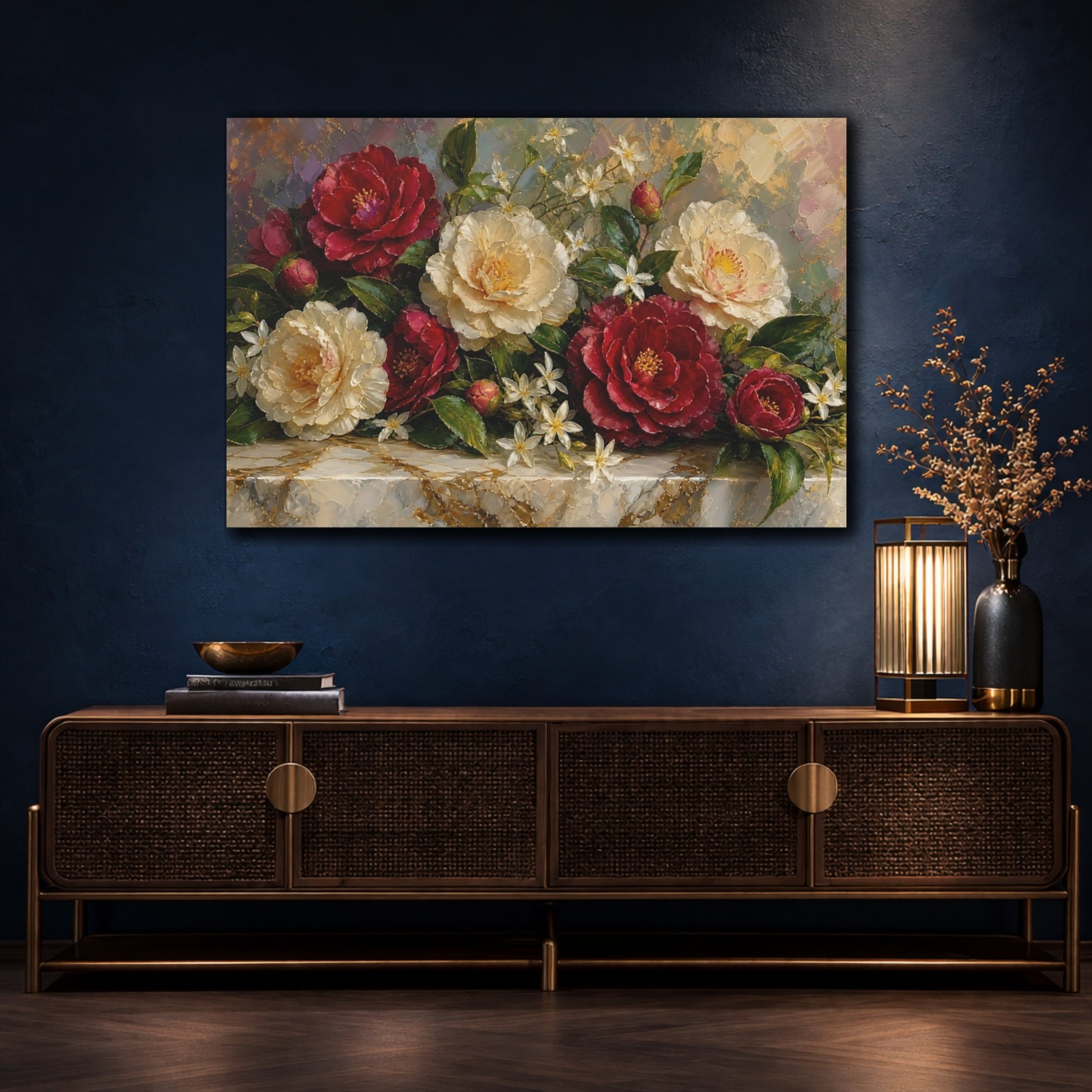 Mockup 4. Expressive Impasto Painting Mixed Burgundy And Cream Camellias Jasmine Near Marble Slab shown as stretched canvas wall art