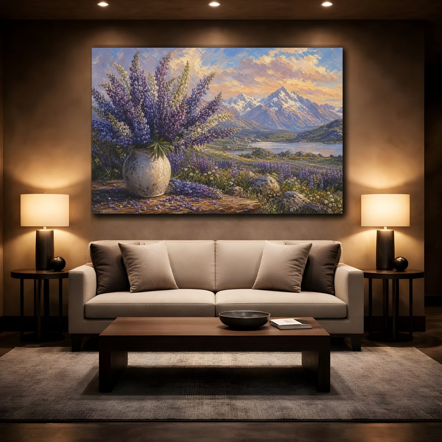 Mockup 2. Expressive Impasto Painting Mountain Lupines Across Alpine Meadow Beside Fallen Petals shown as stretched canvas wall art