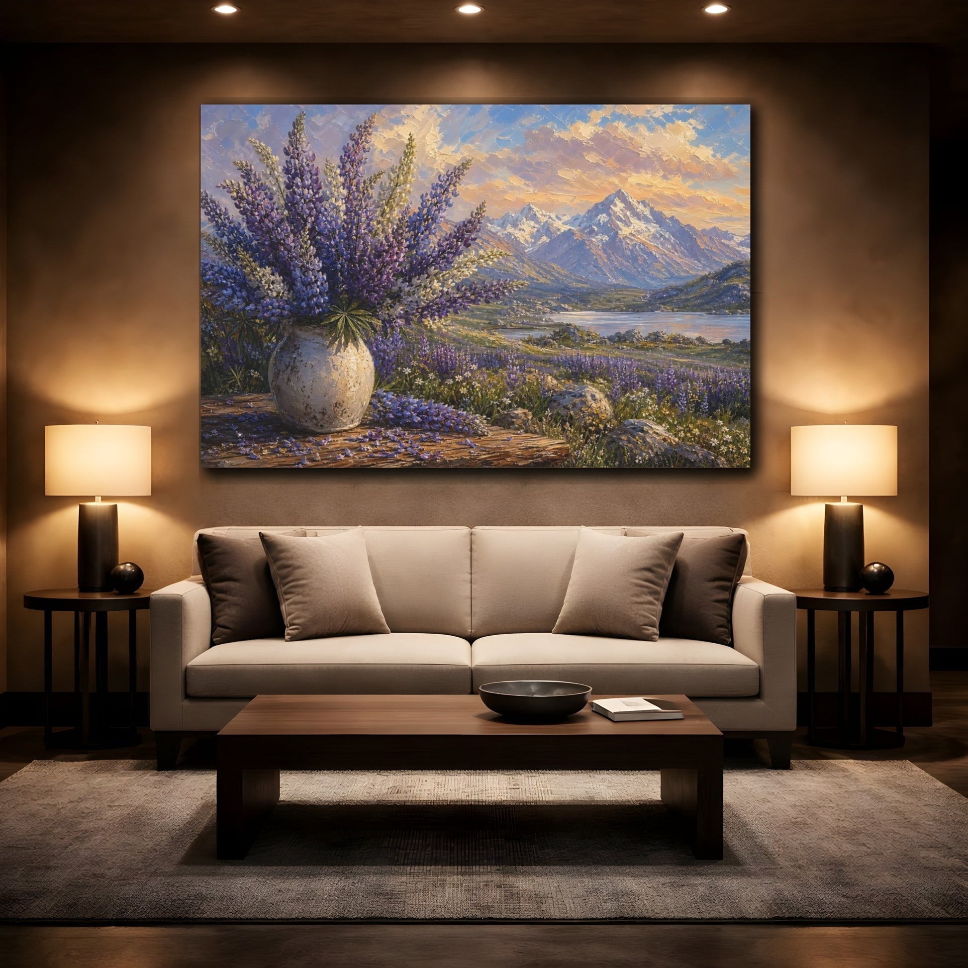 Mockup 2. Expressive Impasto Painting Mountain Lupines Across Alpine Meadow Beside Fallen Petals shown as stretched canvas wall art