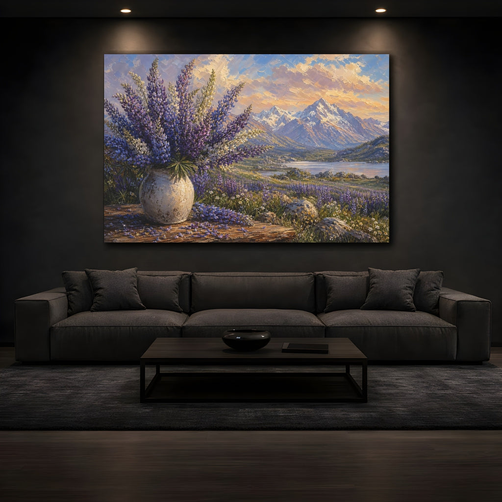 Mockup 3. Expressive Impasto Painting Mountain Lupines Across Alpine Meadow Beside Fallen Petals shown as stretched canvas wall art