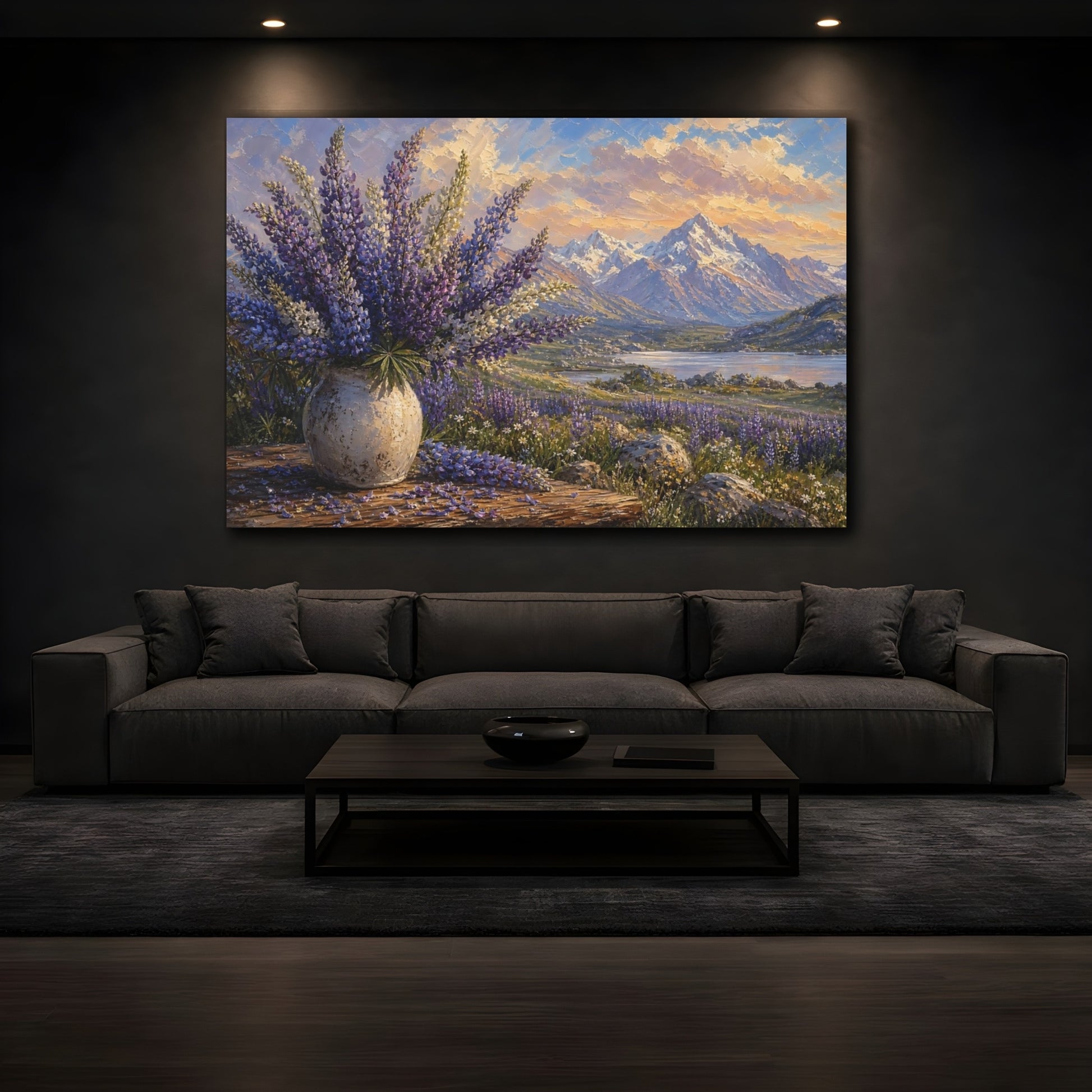 Mockup 3. Expressive Impasto Painting Mountain Lupines Across Alpine Meadow Beside Fallen Petals shown as stretched canvas wall art