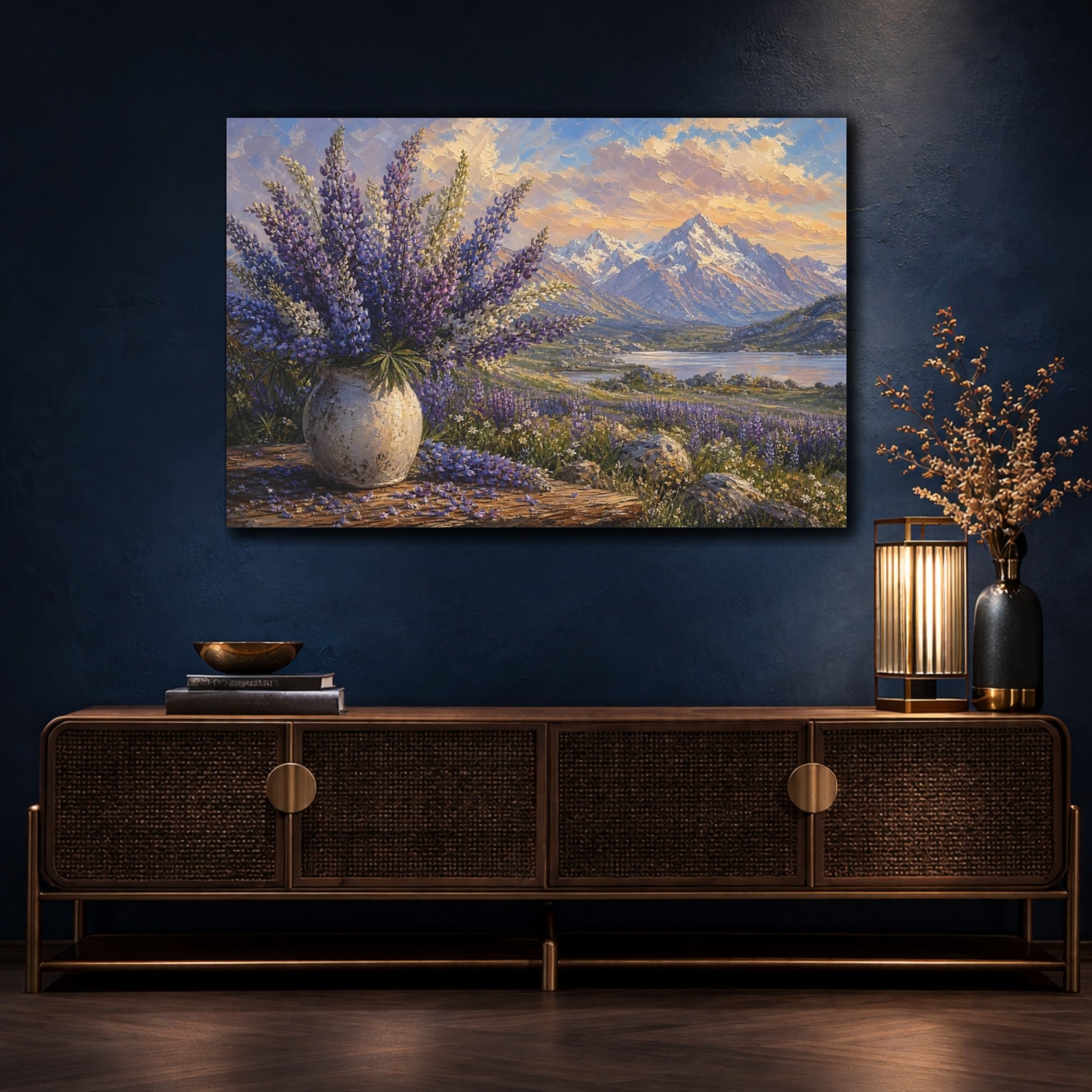 Mockup 4. Expressive Impasto Painting Mountain Lupines Across Alpine Meadow Beside Fallen Petals shown as stretched canvas wall art